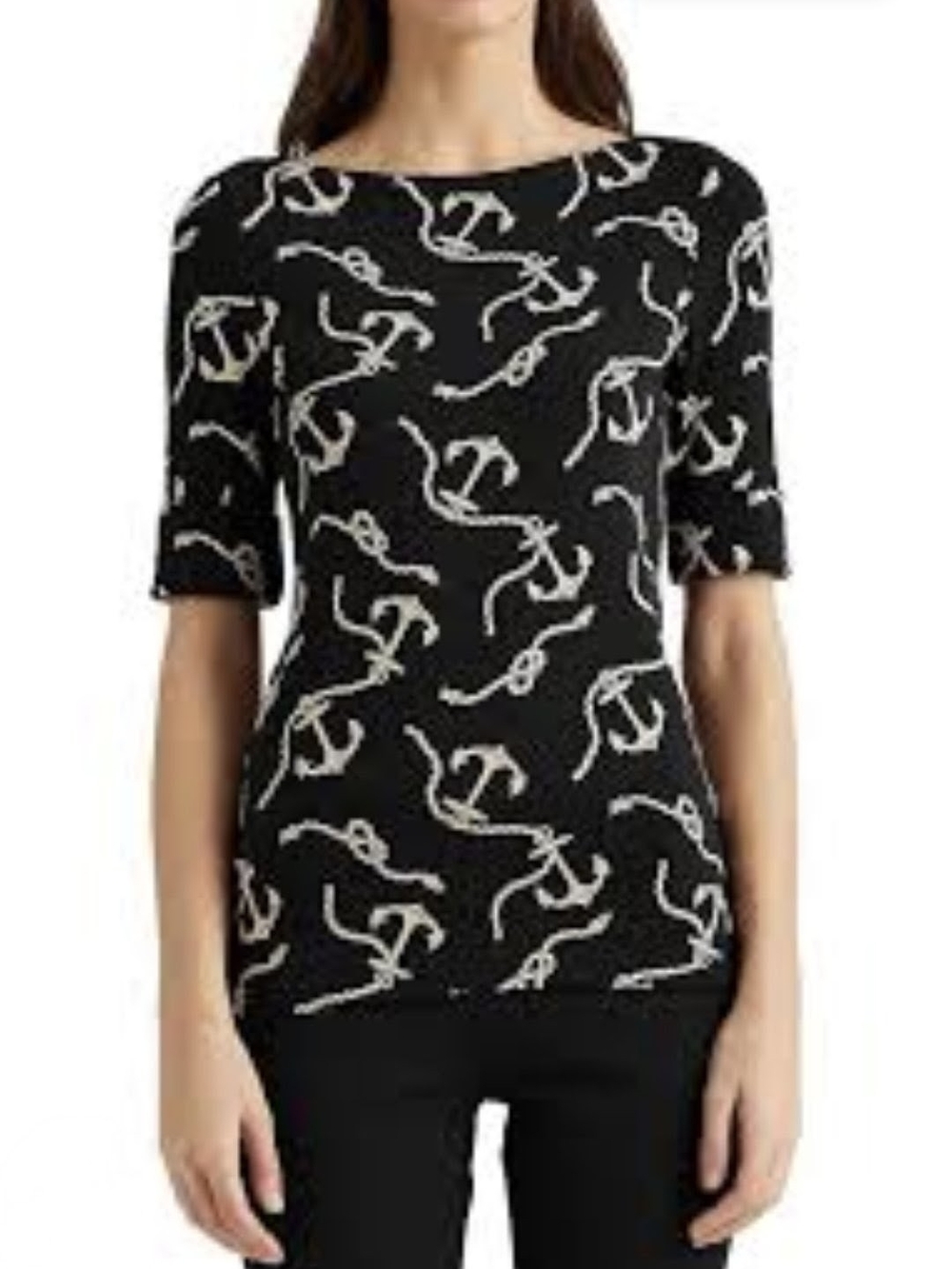Lauren Ralph Lauren Anchor Printed Top Black Boatneck 3/4 Sleeves Size L NWOT